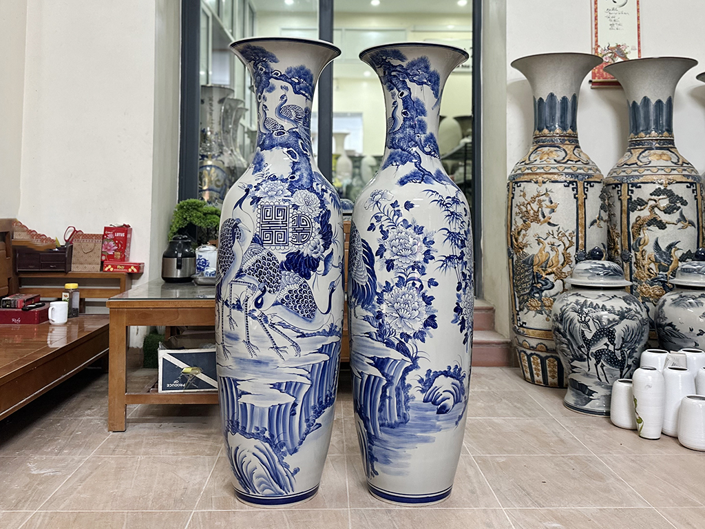 Lọ lộc bình Bát Tràng men lam Tùng Hạc Ngũ Phúc 1m4 3